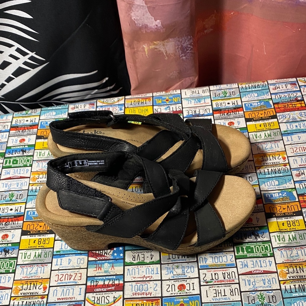 Clarks Collection Women’s Wedge Sandals – Black, Size 7.5M